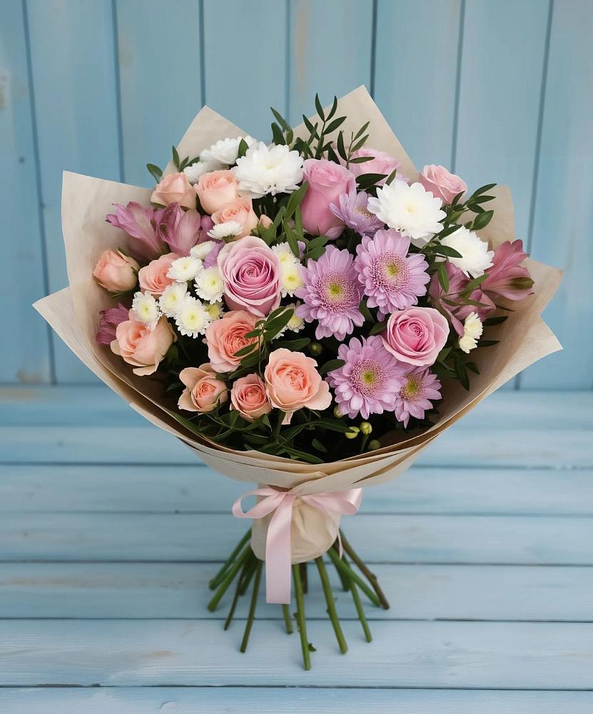 Букет цветов из: Хризантемы, Розы и Альстромерии в Рышково