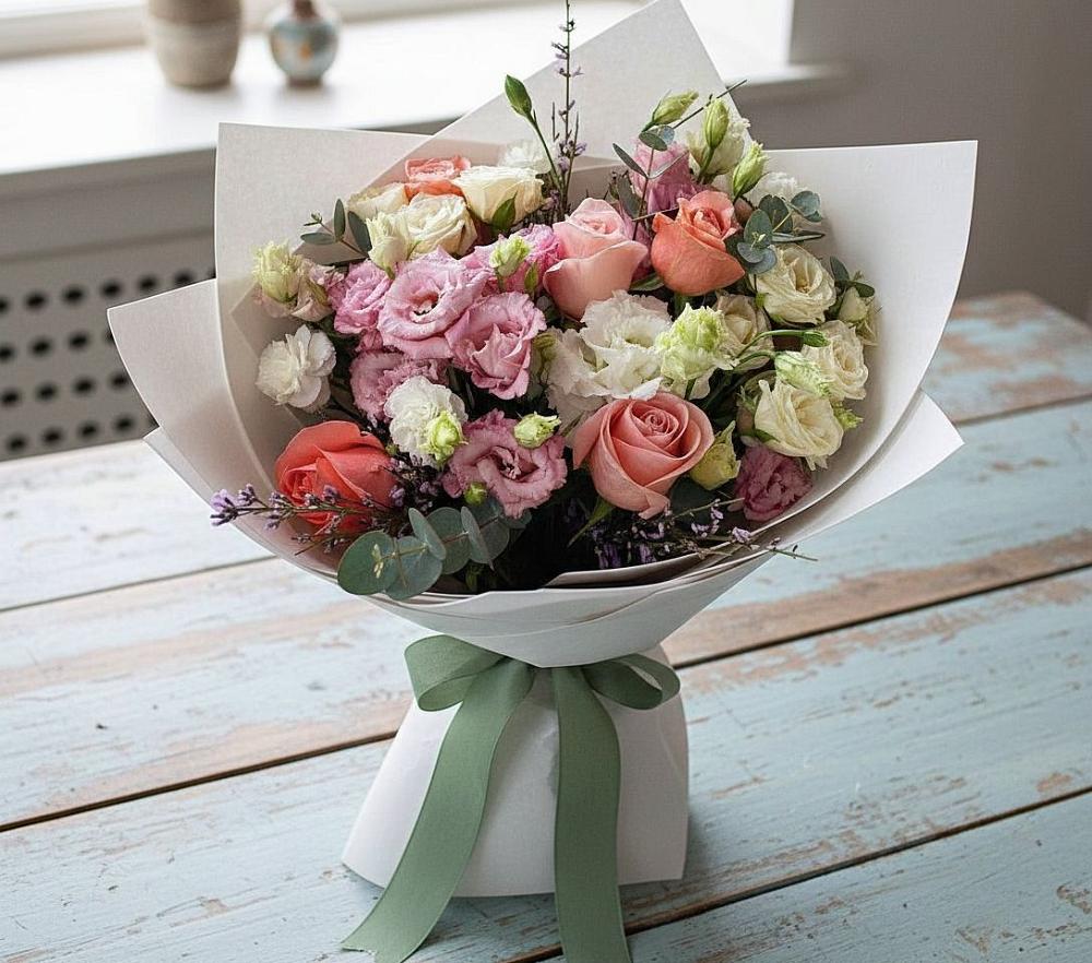 Букет цветов из: Розы, Лизиантусы и Гвоздики в Рышково