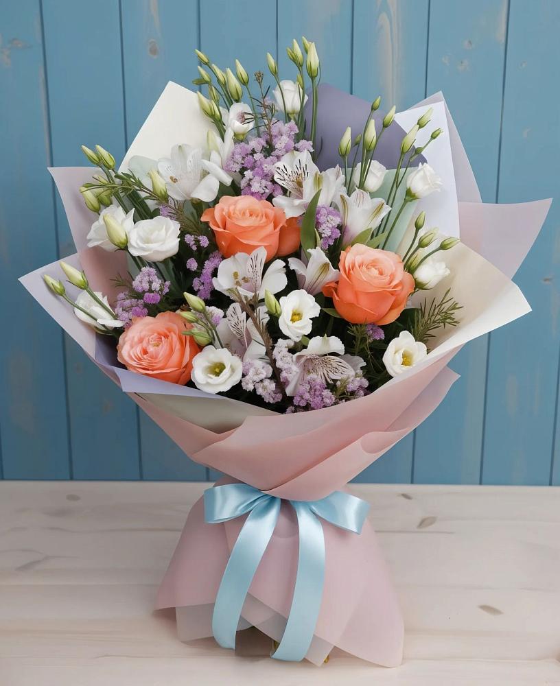 Букет цветов из: Лизиантусы, Розы, Альстромерии и Гипсофила в Рышково