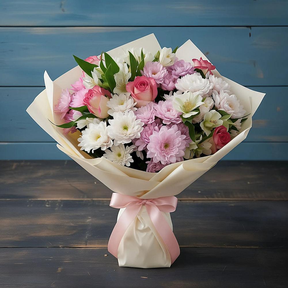 Букет цветов из: Хризантемы, Альстромерии и Розы в Рышково